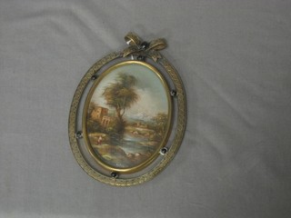 A miniature oil painting on panel "Continental Landscape with Lake, Figures and Mountain in Distance" 4" contained in an oval decorative gilt frame