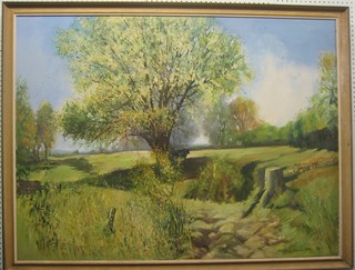 Melvyn Warren-Smith '73, oil on canvas "Rural Scene with Field, Tree and Shading Bull" 35" x 47"