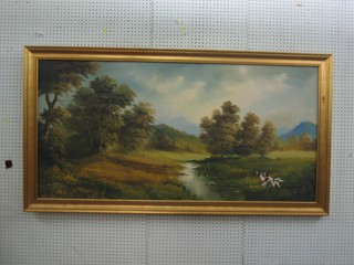 Jur Lop?, large on canvas "Rural Scene with River and Dog Driving Ducks" 28" x 58"