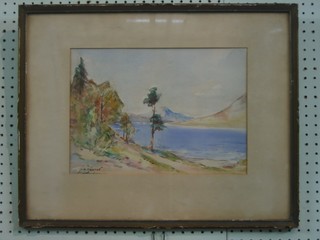 J K M?, watercolour drawing "Mountain Lake Scene" 9 1/2" x 13 1/2" indistinctly signed