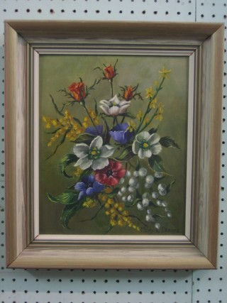 Mary L Stokes, oil on board still life study "Flowers" 11" x 9 1/2"