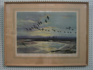 After Sir Peter Scott, a signed coloured print "East in Flight" with HCF blind proof stamp to the margin and signed 14" x 21"