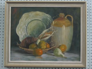 Gilda Dickenson, oil on board, still life study, "Flagon and Plate" 13" x 17"