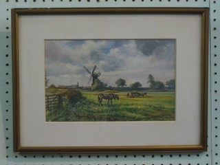 R W Arthur Rouse, oil on board "Windmill with Horse and Figure Harvesting" 7" x 10"