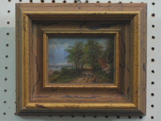 Oil on board "Bay with Figures Driving Sheep by a Cottage" monogrammed MD 3" x 4 1/2"