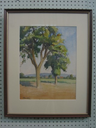 Simone Teste, watercolour drawing "Field with Two Trees" 14" x 11"