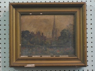 A Victorian oil painting on canvas "Garden with Church and House in Distance" 6" x 9"