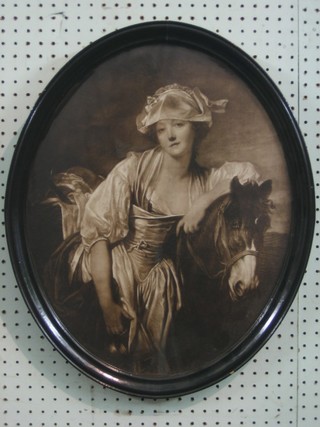A Victorian oval monochrome print "Girl with Horse" 19" contained in an ebonised frame