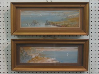A pair of Victorian watercolour drawings "Seascapes with Bay" 3 1/2" x 12", monogrammed CHD
