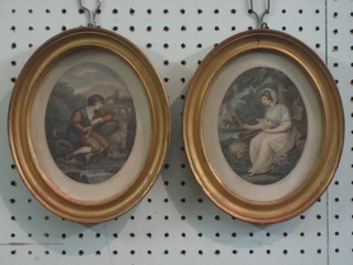 A pair of Bartolozzi coloured prints "Lady and Gentleman" 5", oval