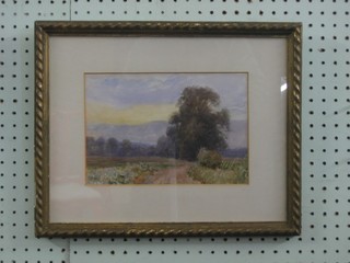 Watercolour drawing "Country Track with Steeple in Distance" monogrammed H E F 1889, 6 1/2" x 9"