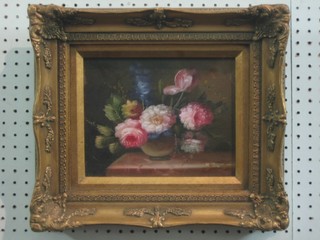 T M Toin? oil on board, still life study "Vase of Flowers" 7" x 9" contained in a gilt frame