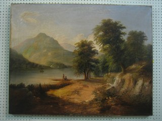 An 18th Century oil on canvas "Mountain Landscape with Lake and Figures" 28" x 36" the reverse with 2 old holes patched