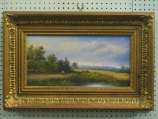 J Robertson, oil on board "18th Century Harvest Scene with Hills in Distance" 8" x 15 1/2"