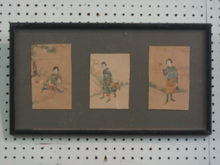 3 Oriental prints of figures 5" x 13" mounted in 1 frame