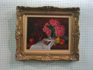 John Proudfoot, oil on board, still life study "Fruit and Flowers" 13" x 17"