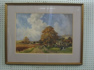 Jeffrey Day, watercolour drawing "Study of Farm Buildings with Figure Driving Sheep" 14" x 20"