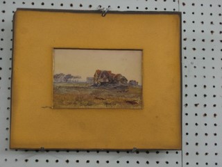 A 19th Century watercolour drawing "Buildings" 4" x 7", a pair of 19th Century Continental watercolours "Harbour and Mountain Lake Scene" 6" x 9 1/2" unframed and a set of Roberts prints