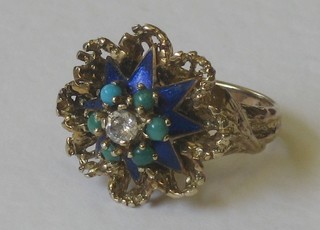An 18ct gold yellow gold dress ring with enamelled decoration set a white stone and turquoise