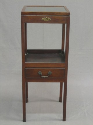 A 19th Century mahogany wash stand, the top fitted a later display cabinet enclosed by a glazed panelled door with undertier, the base fitted a drawer, raised on square supports 13"