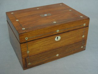 A Victorian rectangular inlaid mother of pearl mahogany jewellery box with hinged lid, the base fitted a secret drawer 12"