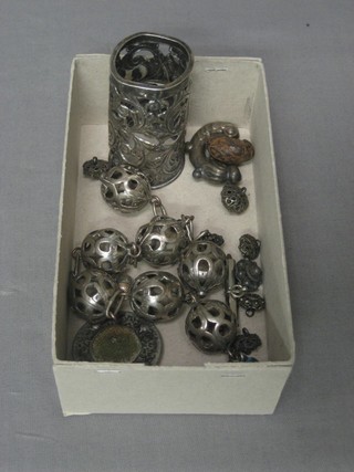 An Eastern pierced metal necklet, a silver bottle frame and other curios etc