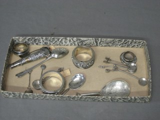 2 Eastern silver embossed napkin rings, 5 Eastern silver salt spoons, a Georgian silver teaspoon etc