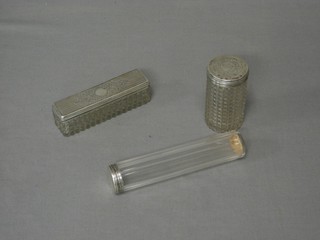 A Victorian rectangular hobnail cut dressing table jar with silver lid London 1840, a cylindrical hobnail cut jar with silver lid London 1840 and a cut glass pin jar with silver lid