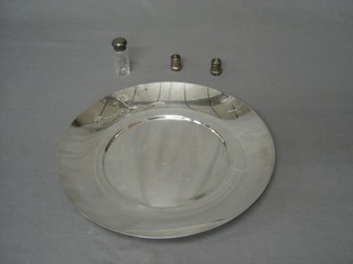 A circular dish, the base marked Gorham 12", 2 miniature Sterling silver pepperettes and a glass salts bottle