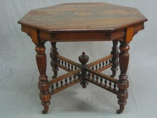 An Edwardian octagonal inlaid rosewood occasional table, raised on bulbous turned supports with X framed stretcher and bobbin turned decoration 35"