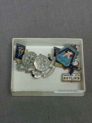 A Hurrah Its Butlins enamelled badge, do. Butlins Pwllheli 1948, 2 Butlins Brighton 1959 badges and 2 St John Ambulance brigade collar dogs