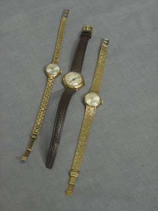 A lady's Tissot wristwatch contained in a 9ct gold case with integral bracelet, a lady's Accurist wristwatch in a gold case and 1 other gold cased wristwatch