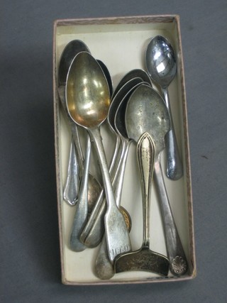 A William IV silver fiddle pattern teaspoon, London 1836 and other various spoons