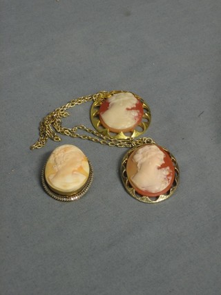 A shell carved cameo brooch and 2 other brooches