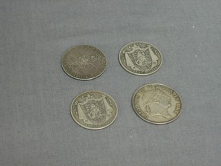 A George III 1812 bank token - 3 Shil, a George III shilling 1807 and 2 George IV silver half crowns? 1836