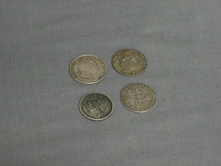A George III 1814 bank token - 1 shilling sixpence, a George I shilling 1720, a George II shilling 1737 and a George III silver coin 1816