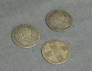 A Queen Anne 1711 shilling, a George II shilling 1758 and a George III shilling 1787