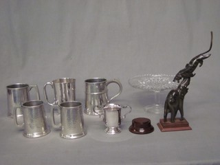 2 silver plated pint tankards, various pewter tankards etc