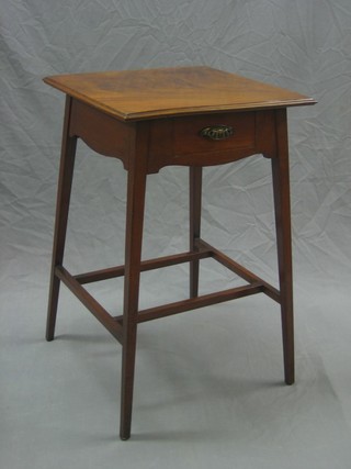 An Edwardian Art Nouveau square mahogany side table fitted a drawer and raised on square tapering supports 18"