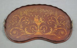 An Edwardian inlaid mahogany kidney shaped twin handled tea tray 25"