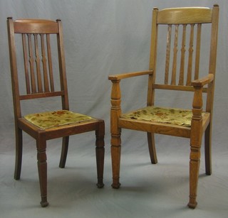 A set of 5 Arts & Crafts Voysey style honey oak bar back dining chairs - 1 carver and 4 standard