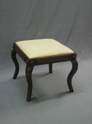 A square Victorian mahogany stool with upholstered drop in seat, raised on cabriole supports 18"