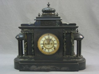 A 19th Century American striking mantel clock with visible escapement, enamelled dial and Roman numerals contained in a marble architectural 19"