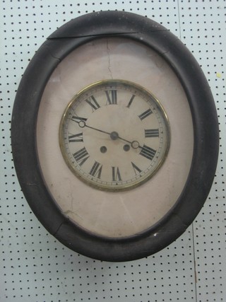 A striking wall clock with 10" painted dial having Roman numerals, contained in an oval oak case