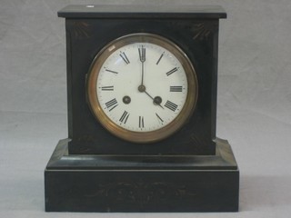 A 19th Century French striking mantel clock with enamelled dial and Roman numerals, contained in a black marble case 9"