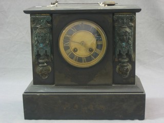 A 19th Century French 8 day striking mantel clock with black dial and Roman numerals, contained in a black marble architectural case (top missing a figure)