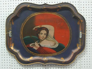 A 19th Century painted metal twin handled tea tray decorated a figure of a reclining lady 23"