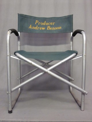 9 various aluminium folding chairs, used on the set of Hornblower, named to the backs - Producer Andrew Benson, CN Sean Gilder, Iona Gruffudd, Paul McGann, 3 marked Artiste and 1 blank
