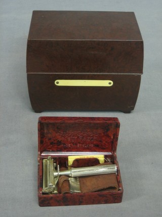 A brown Bakelite card index box with hinged lid, raised on bracket feet (slight chips to interior) 5" and a "Valet" autostop safety razor contained in a brown Bakelite case