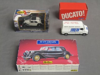 A  Heller model Citroen 11CV boxed, a Nostalgic model car and a Ducato model Fiat boxed